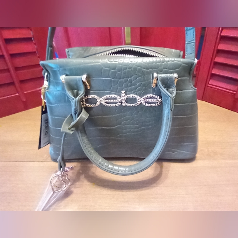 bebe Teal Croc-Embossed Satchel with Gold Chain Detail